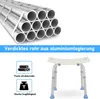 A product image showing aluminum tubes and a shower stool, with German text describing features. Produktbild-Vorschau
