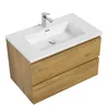 A modern bathroom vanity with a white sink and a wooden cabinet with two drawers, set against a white background. Anteprima dell’immagine prodotto