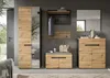 A modern entryway set with wooden furniture and a mirror, decorated with a coat and a handbag. Produktbild-Vorschau