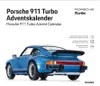 A blue Porsche 911 Turbo model car is shown from a rear-side angle, with text and logos related to an advent calendar. Produktbild-Vorschau