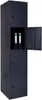 A dark grey metal locker with multiple compartments, one of which is open showing two binders inside. Produktbild-Vorschau