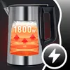 An image of a stainless steel electric kettle with a cutaway showing the heating element and water. Text indicates 1800 watts, and a lightning bolt icon suggests power. Produktbild-Vorschau