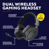 A product image of a black gaming headset with various features highlighted by text overlays. Produktbild-Vorschau