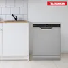A silver Telefunken dishwasher is shown in a kitchen setting next to a white cabinet and sink. Produktbild-Vorschau