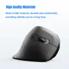 A black ergonomic vertical mouse is shown against a white and light gray background, with marketing text above it. Produktbild-Vorschau