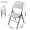 A white folding chair is shown from a slightly angled front view, with dimensions indicated by lines and text. Produktbild-Vorschau