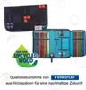 A pencil case and its contents are displayed, along with marketing text and graphics. Produktbild-Vorschau