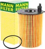 A product shot of a MANN-FILTER oil filter and its packaging. Podgląd zdjęcia produktu