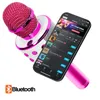 A pink karaoke microphone is shown next to a smartphone displaying a karaoke app. Produktbild-Vorschau