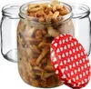 Three glass jars, one filled with preserved mushrooms, and a red lid with white hearts pattern. Anteprima dell’immagine prodotto