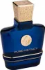 A studio shot of a blue glass perfume bottle with a gold cap and emblem. Voir les images du produit