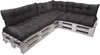 A sectional sofa made from wooden pallets with dark gray cushions, shown against a white background. Voir les images du produit
