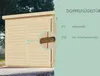 A wooden garden shed with double doors, featuring a close-up of the lock mechanism and descriptive text about the doors. Produktbild-Vorschau
