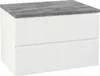 A white bathroom cabinet with a gray countertop and two drawers, shown from the front. Produktbild-Vorschau