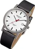 A close-up studio shot of a men's wristwatch with a white face and black leather strap. Produktbild-Vorschau
