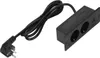 A black power strip with two European-style outlets and two USB ports, connected to a black power cord with a European plug. Produktbild-Vorschau