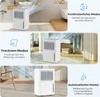 Collage of images showing a white dehumidifier in different settings and highlighting its features. Produktbild-Vorschau