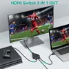 A gaming setup showing a PS4, a laptop, and a large monitor connected via an HDMI switch. Produktbild-Vorschau