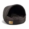 A brown dog bed with a hooded opening, shown from a slight angle on a white background. Podgląd zdjęcia produktu
