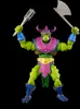 A green action figure with purple and pink armor, holding a mace and an axe, against a black background. Náhled obrázku produktu