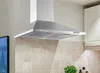 A stainless steel range hood mounted above a tiled backsplash in a kitchen. Produktbild-Vorschau