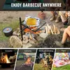 A collage of images showing a portable grill in various outdoor settings, including a campfire, camping, and backyard cooking. Náhled obrázku produktu