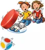 Two children playing a game with a cat and a red object, with a die nearby. Podgląd zdjęcia produktu