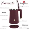 Product image of a burgundy electric kettle with various features highlighted by text overlays and labels. Produktbild-Vorschau