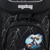 A close-up view of a backpack with a lightning bolt pattern and a robot patch. Náhled obrázku produktu