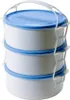 A stack of three round food containers with blue lids and rims, connected by a white carrying handle. Náhled obrázku produktu