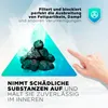 A hand is pointing at a pile of charcoal pieces within a triangular graphic, with text overlay describing filtration and absorption properties. Produktbild-Vorschau