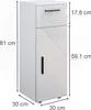 A white cabinet with a drawer and a door, with dimensions indicated by measurement lines and text. Voir les images du produit