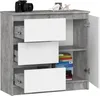 A modern chest of drawers with a concrete-effect finish and white drawers, shown open to reveal the interior and some books on a shelf. Produktbild-Vorschau