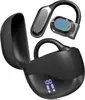 A black charging case for wireless earbuds is open, with two earbuds shown above it. The charging case has a digital display showing '100' and battery indicators. Produktbild-Vorschau