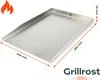 A stainless steel grill plate with dimensions indicated by orange lines and text. Produktbild-Vorschau