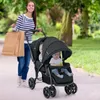 A woman pushing a double stroller with two babies in a park. Produktbild-Vorschau