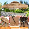 A patio umbrella with a thatched roof is shown in a backyard setting, with close-up insets highlighting features. Podgląd zdjęcia produktu