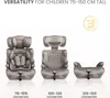 Three different configurations of a car seat are shown side-by-side, illustrating its versatility for different child heights. Náhled obrázku produktu