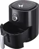 A black air fryer is shown against a white background.