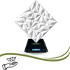 A 3D wall panel is shown on a digital scale, indicating its weight. Below, a hand is depicted holding a feather, symbolizing lightness. Podgląd zdjęcia produktu