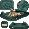 A collage of images showing a dog bed from different angles, including a close-up of the fabric and a dog lying in it. Náhled obrázku produktu