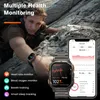 A man is climbing a rocky surface, wearing a smartwatch. A smartphone is also shown displaying health data. Produktbild-Vorschau