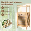 A bamboo laundry basket with a shelf unit, set against a backdrop of bamboo stalks. The image highlights product features with text and icons. Podgląd zdjęcia produktu