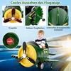A collage of images showing a toy airplane with a child sitting in it, and close-ups of its features. Voir les images du produit