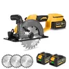 A cordless circular saw with two batteries and three extra saw blades, presented on a white background. Produktbild-Vorschau