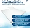 A split topper mattress on a light blue background with text overlays. Voir les images du produit
