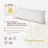 A white pillow is shown on a light gray textured background with marketing text and icons. Produktbild-Vorschau