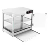 A stainless steel food warmer with glass doors and shelves, shown from a slightly elevated side angle with the door and a bottom tray open. Náhled obrázku produktu