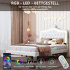 A bedroom scene featuring a white LED bed frame with a tufted headboard, decorated with a "Lovely girl" sign and a teddy bear. The image also includes icons and text highlighting product features. Produktbild-Vorschau