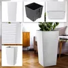 A collage of product images showing a white planter, a gray insert, a close-up of the planter texture, and a planter with a plant in a living room setting. Produktbild-Vorschau